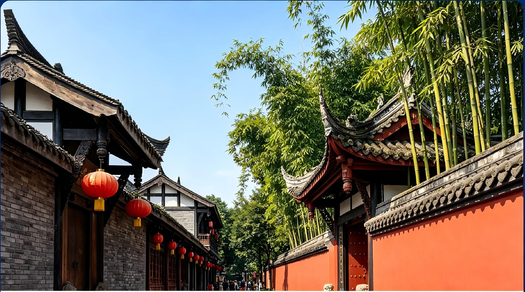 Traditional Chengdu architecture with red lanterns and bamboo