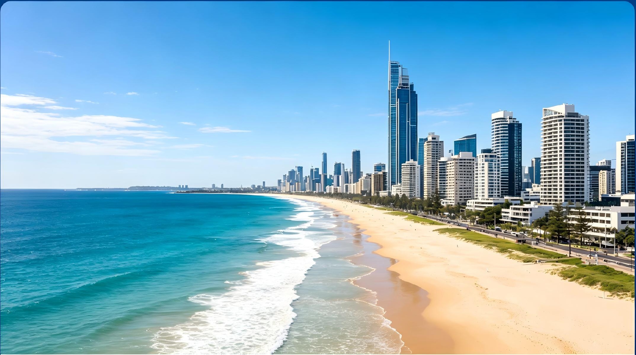Gold Coast beachfront and skyline beneath a clear blue sky