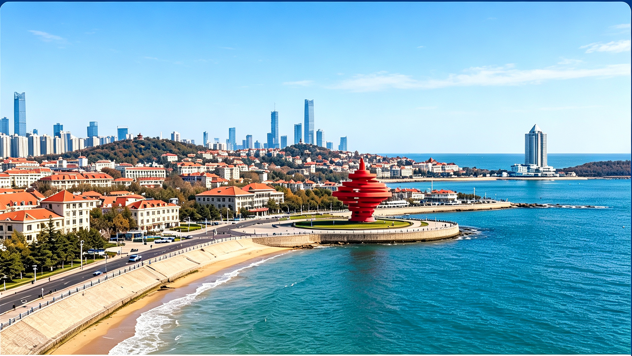 Qingdao coastline and skyline featuring the May Fourth Square sculpture