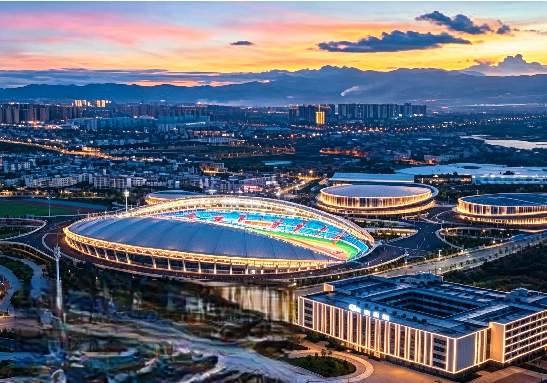 Yunnan high-altitude training base and stadium complex at sunset